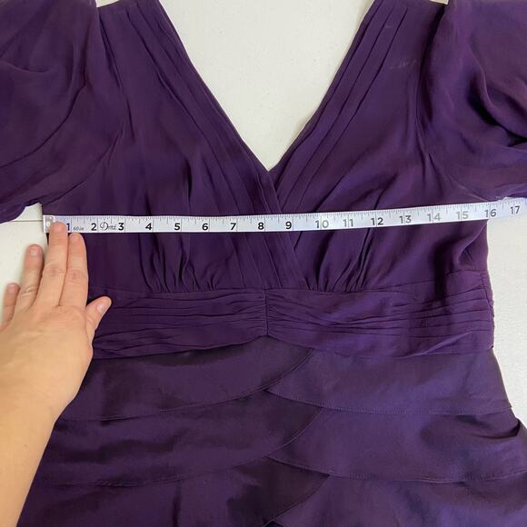 Adrianna Papell Tiered Ruffle‎ Metallic Iridescent Silk Purple Dress Women's 8 - Picture 11 of 16